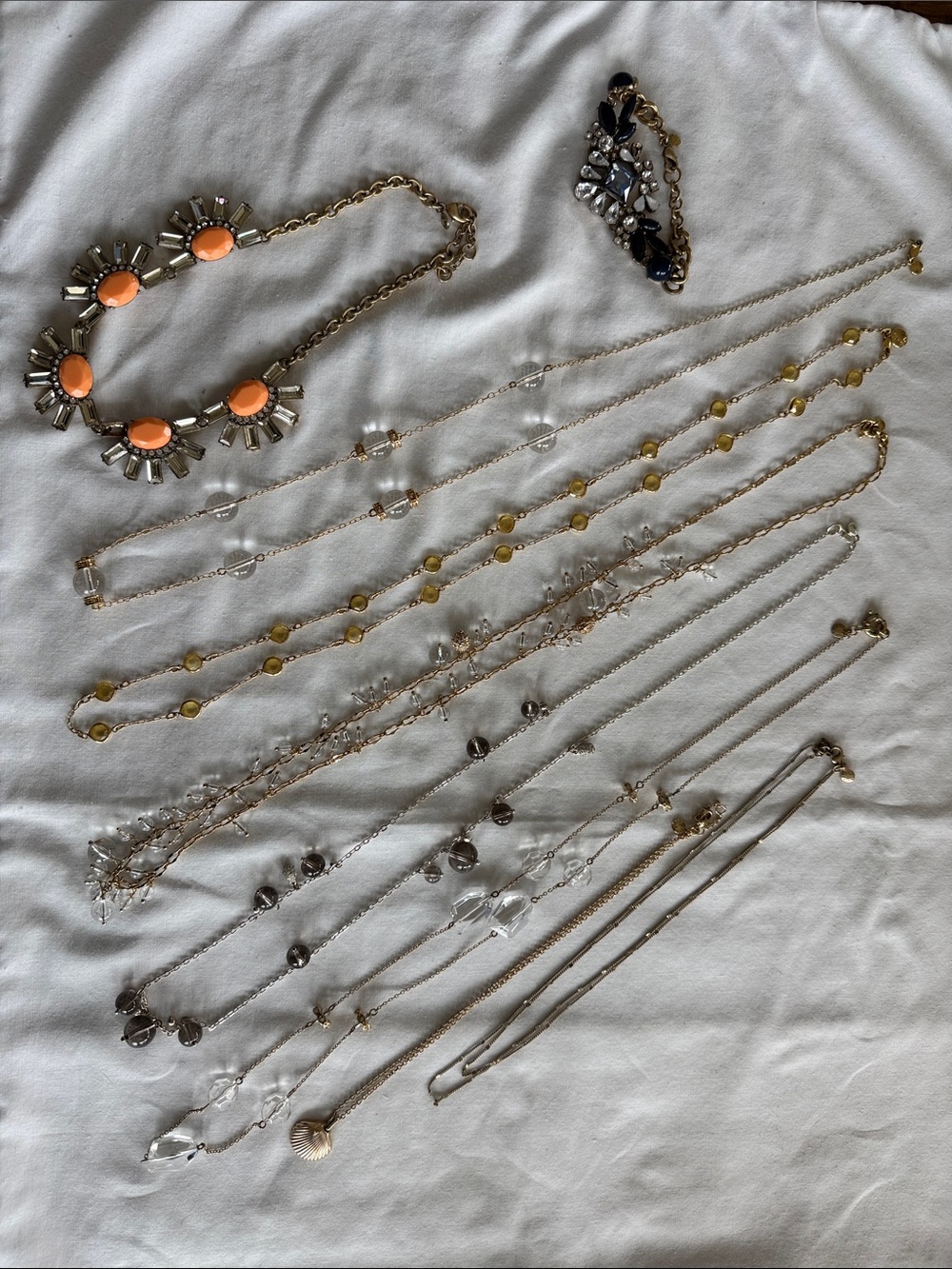 J Crew Multiple Necklaces & Bracelet.  Beads, Chain, Chunky.  Orange blue clear